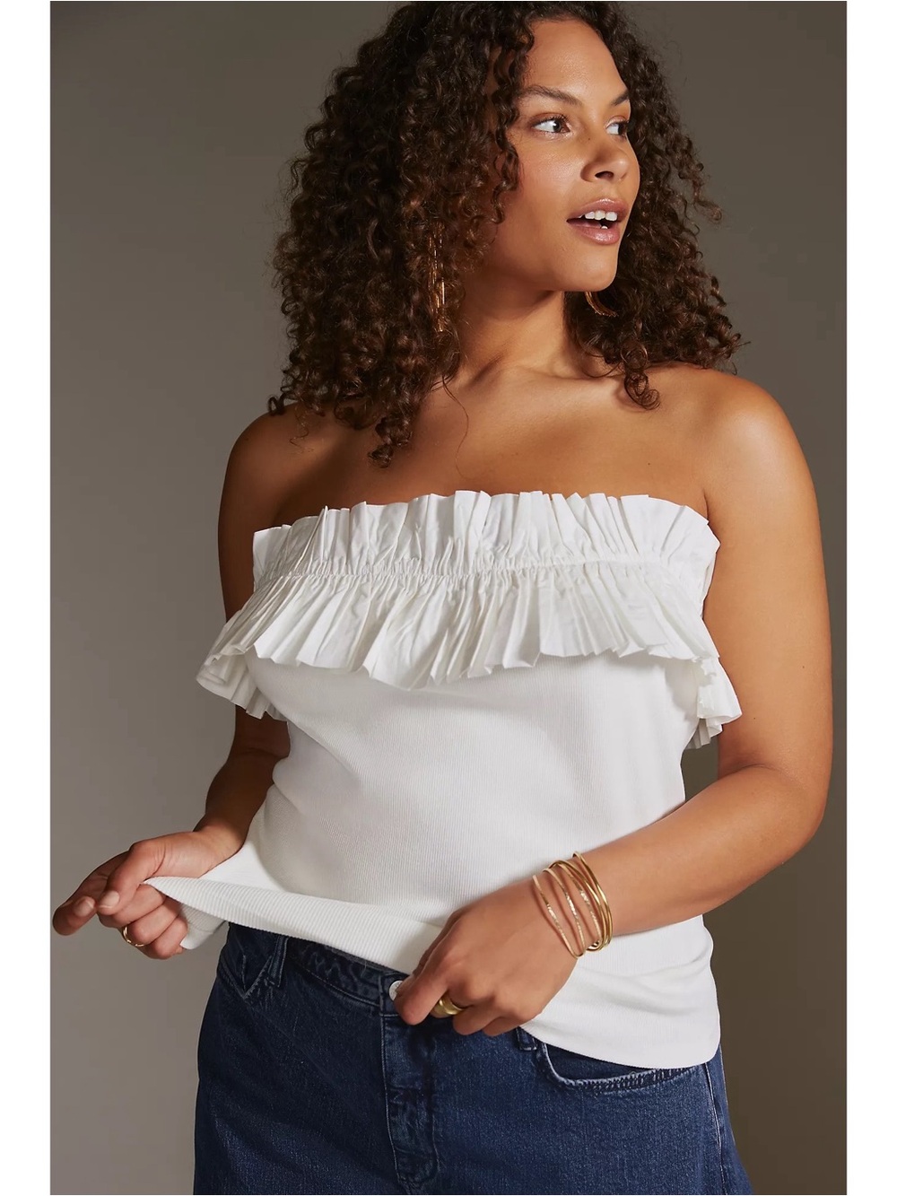 Anthropologie Maeve Poplin Ruffle Strapless Tube Top in White‎